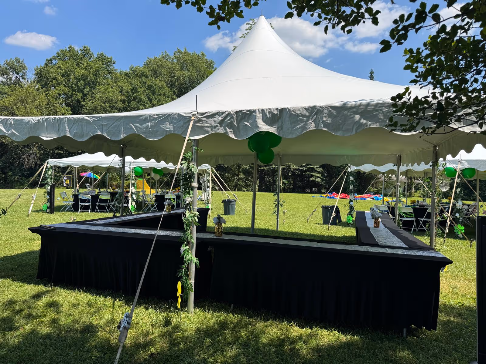 Large white event tent with black-clothed buffet tables on a grassy field.