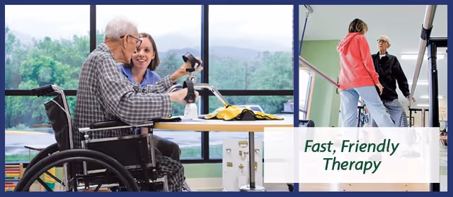 An elderly man in a wheelchair is engaged in a therapy session with a female therapist in a room with large windows showing a green outdoor view. Another image shows the same elderly man walking with assistance from a female therapist on a staircase inside a facility. Text overlay reads 'Fast, Friendly Therapy'.