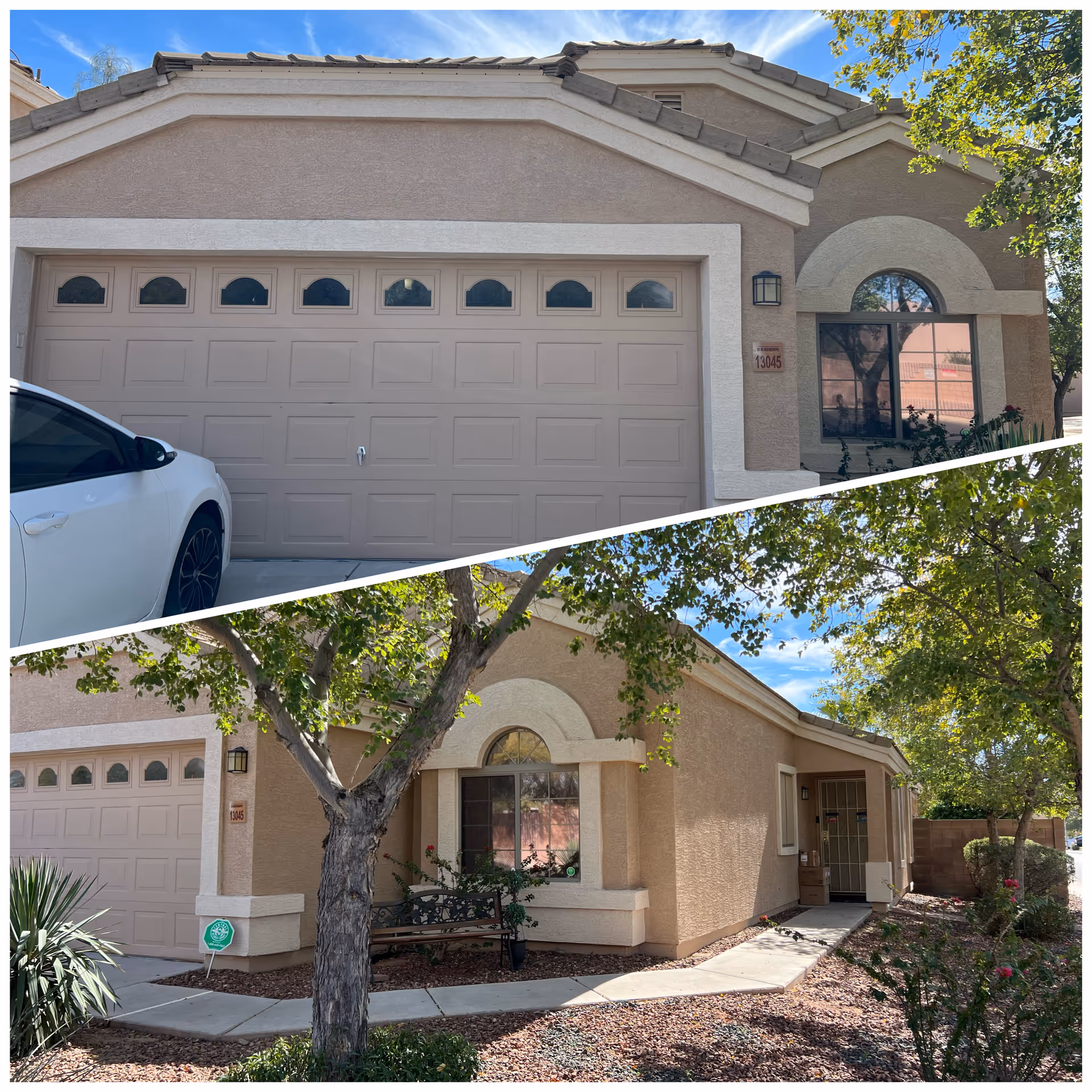 Front exterior of a beige residential-style building with a large garage door and landscaping.