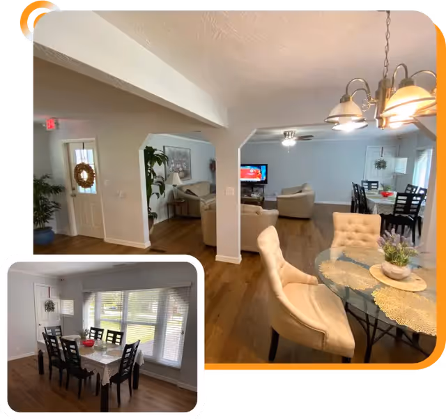 Open-concept senior living area with a dining round table, beige chairs, and sofa seating.