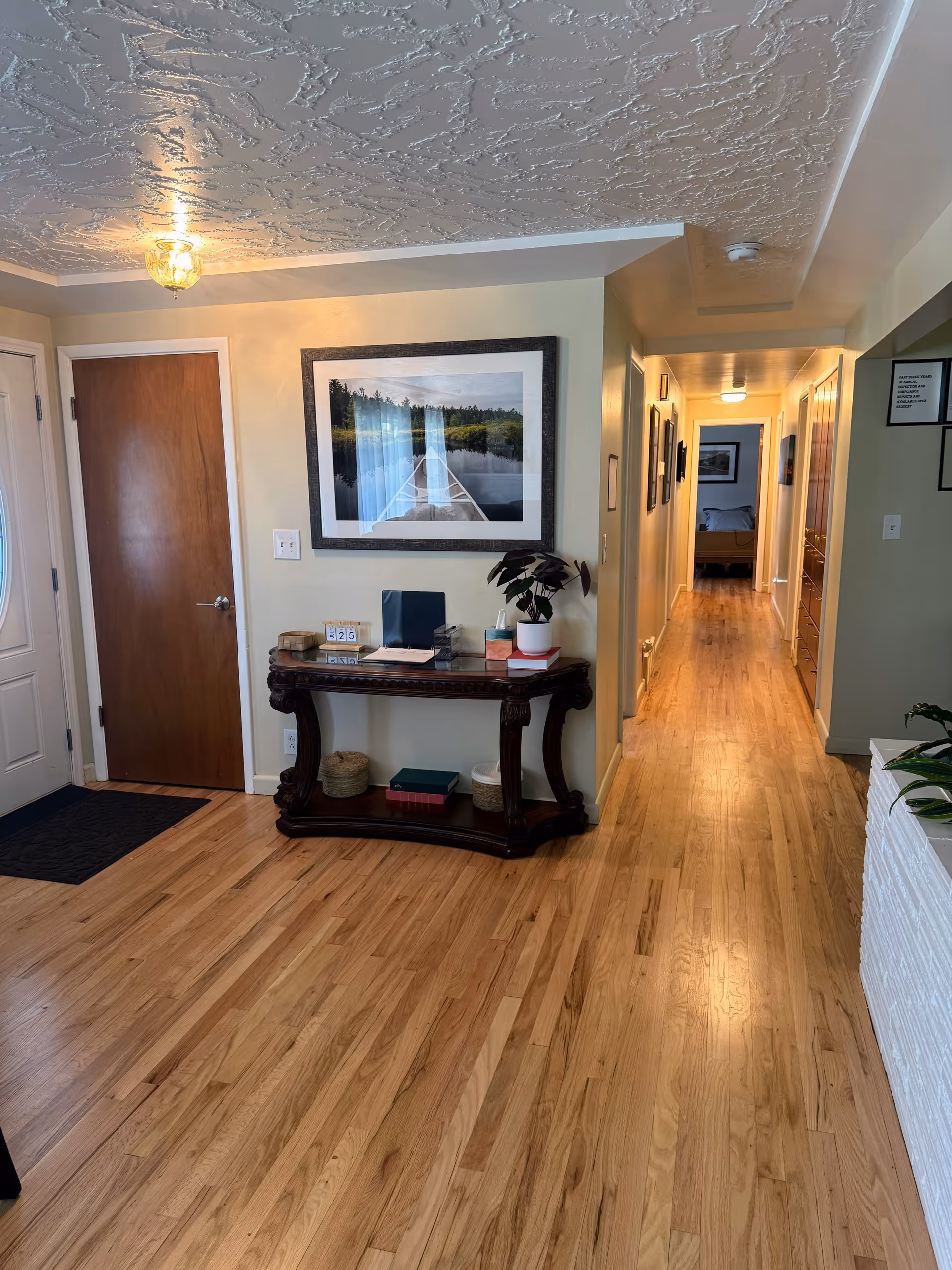 A console table beneath a framed landscape photo in a bright hallway.