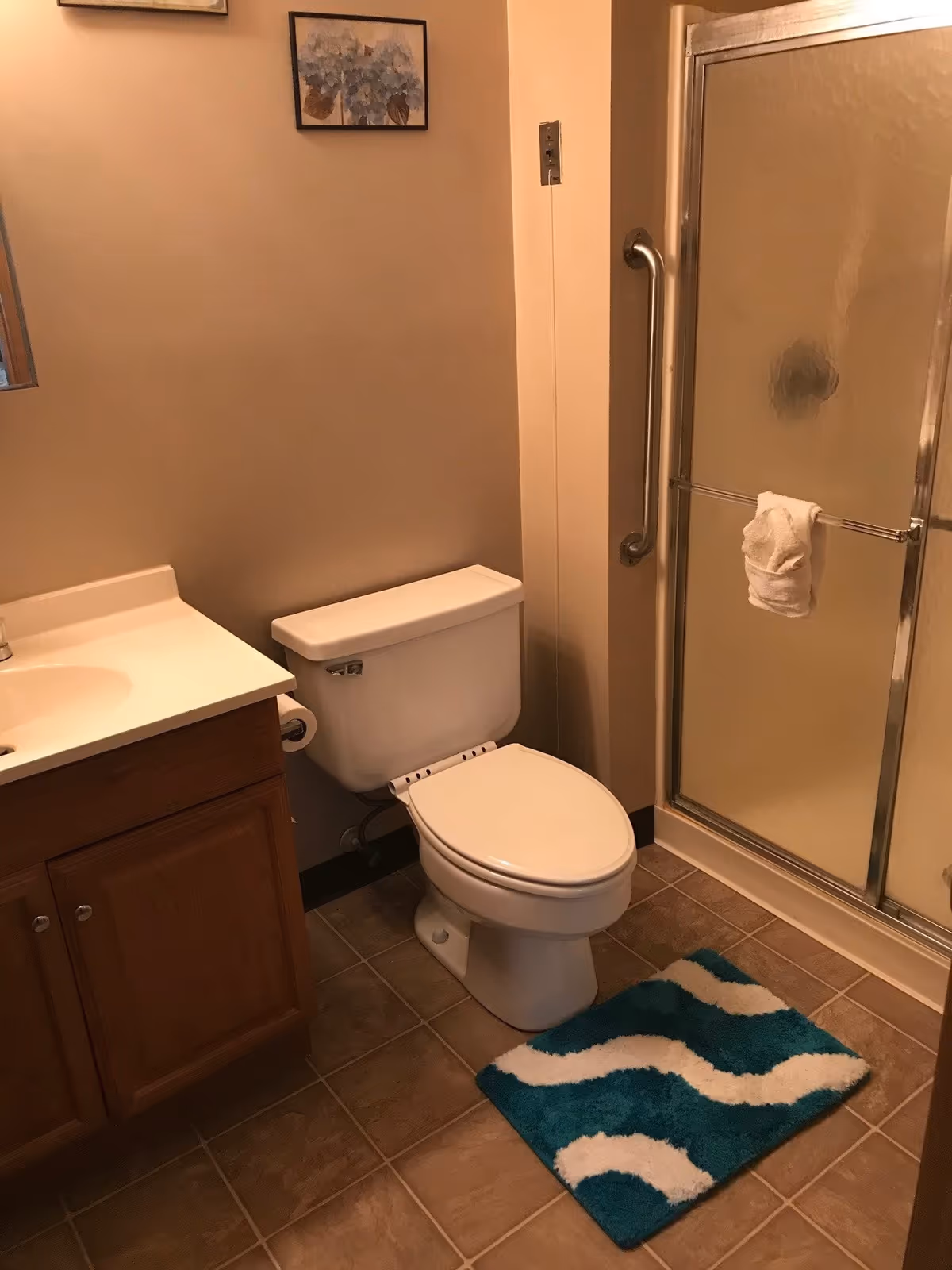 A small bathroom featuring a white toilet, a wooden vanity with a white sink, a glass shower door with a towel hanging on the handle, a blue and white patterned bath mat on the tiled floor, and a framed floral picture on the wall.