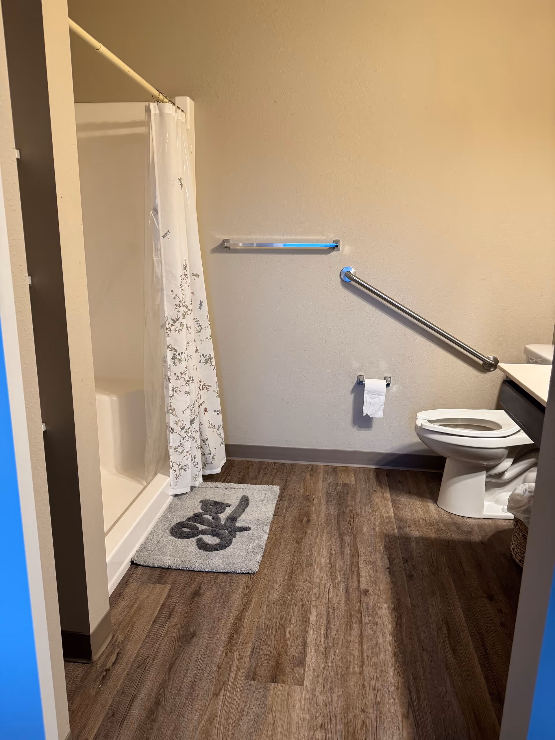 Accessible bathroom with a shower, toilet, grab bars, and floral shower curtain.