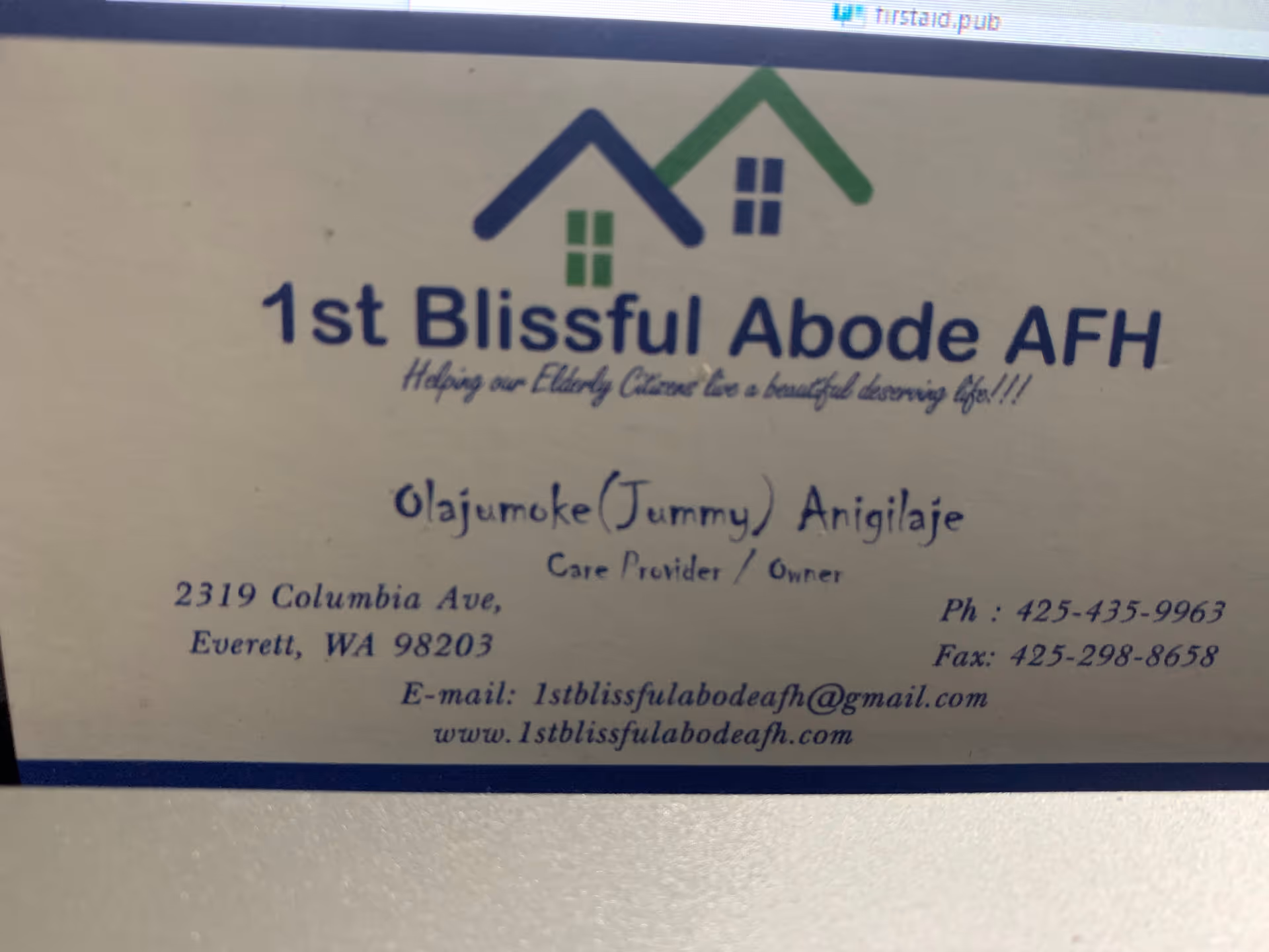 Signboard for 1st Blissful Abode AFH with logo and address
