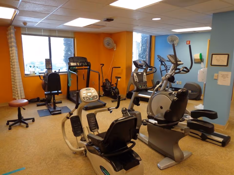 Fitness room with treadmills, stationary bikes, and a recumbent bike in a colorful gym.