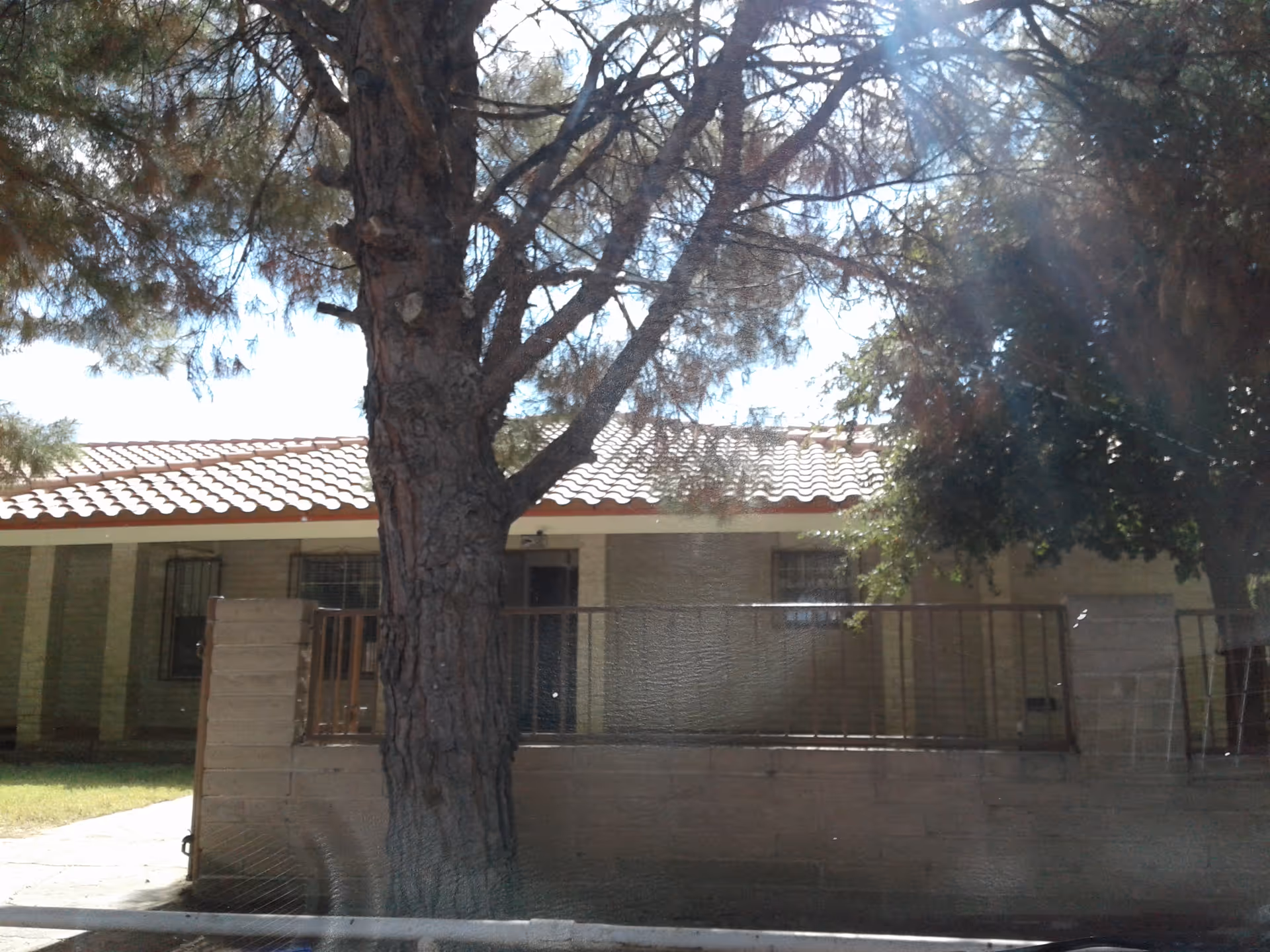Single-story facility exterior with tiled roof, tree, and fenced entryway.