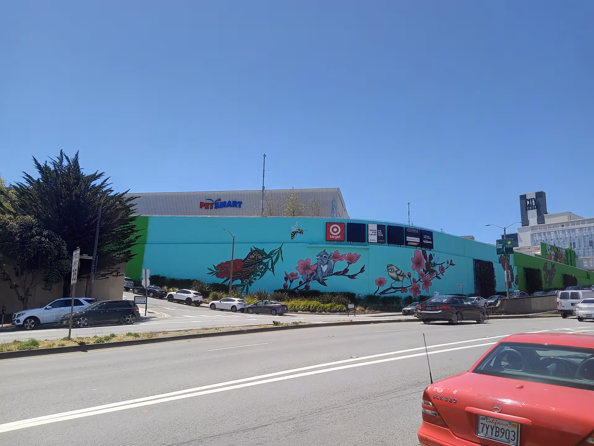 Turquoise exterior wall with a large mural along a city street, beside parked cars.