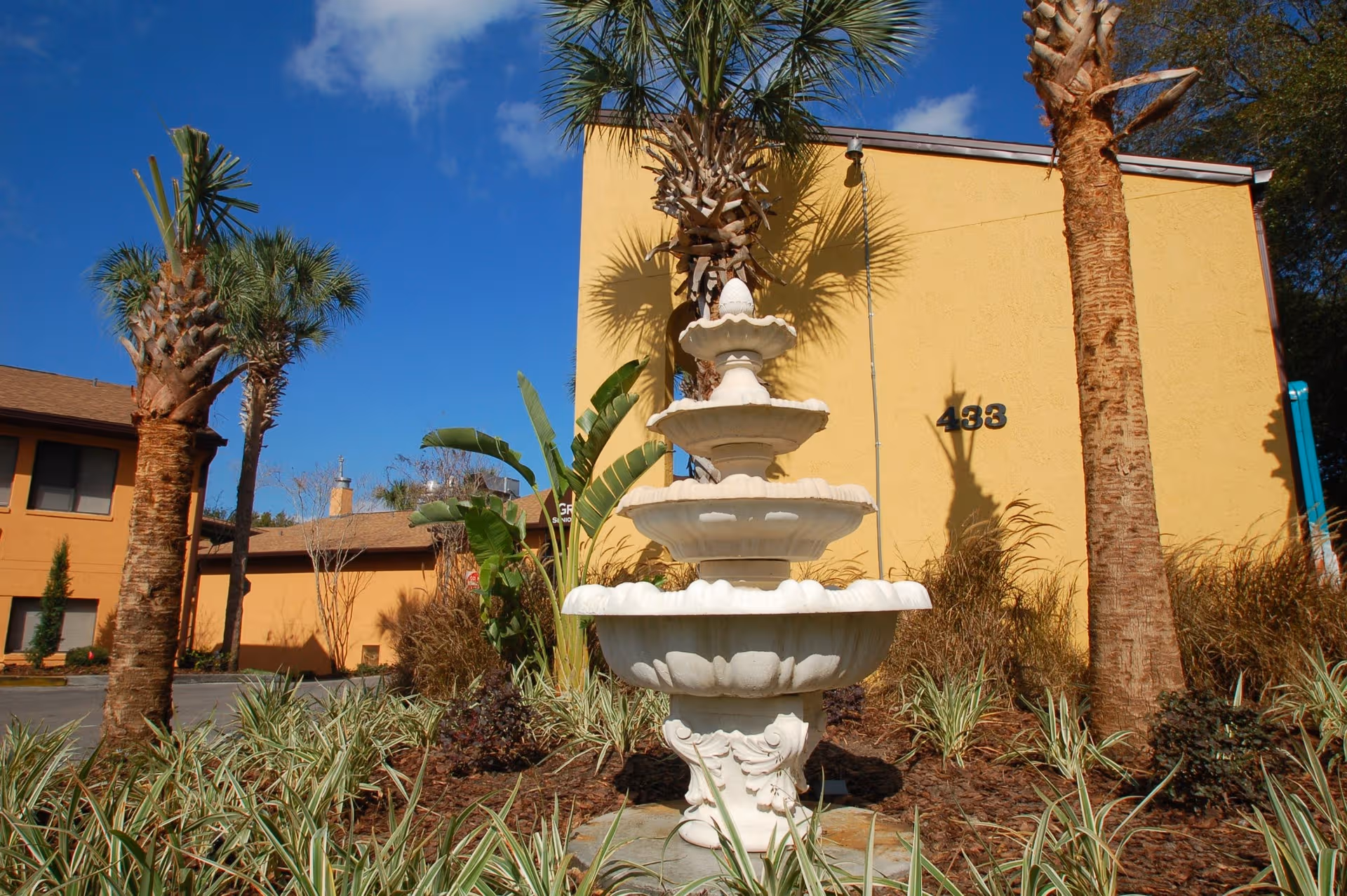 Yellow building exterior with a multi-tier fountain and palm trees in front.