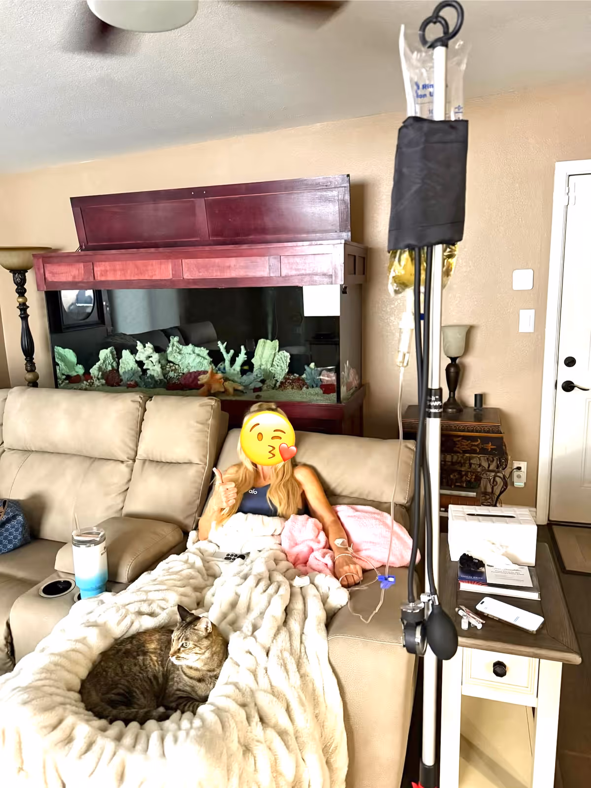 A living room with beige sofa, a cat on a fuzzy blanket, and a large aquarium.