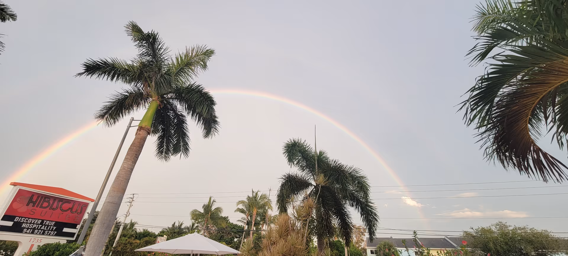 Exterior view of a facility with palm trees and a rainbow in the sky.