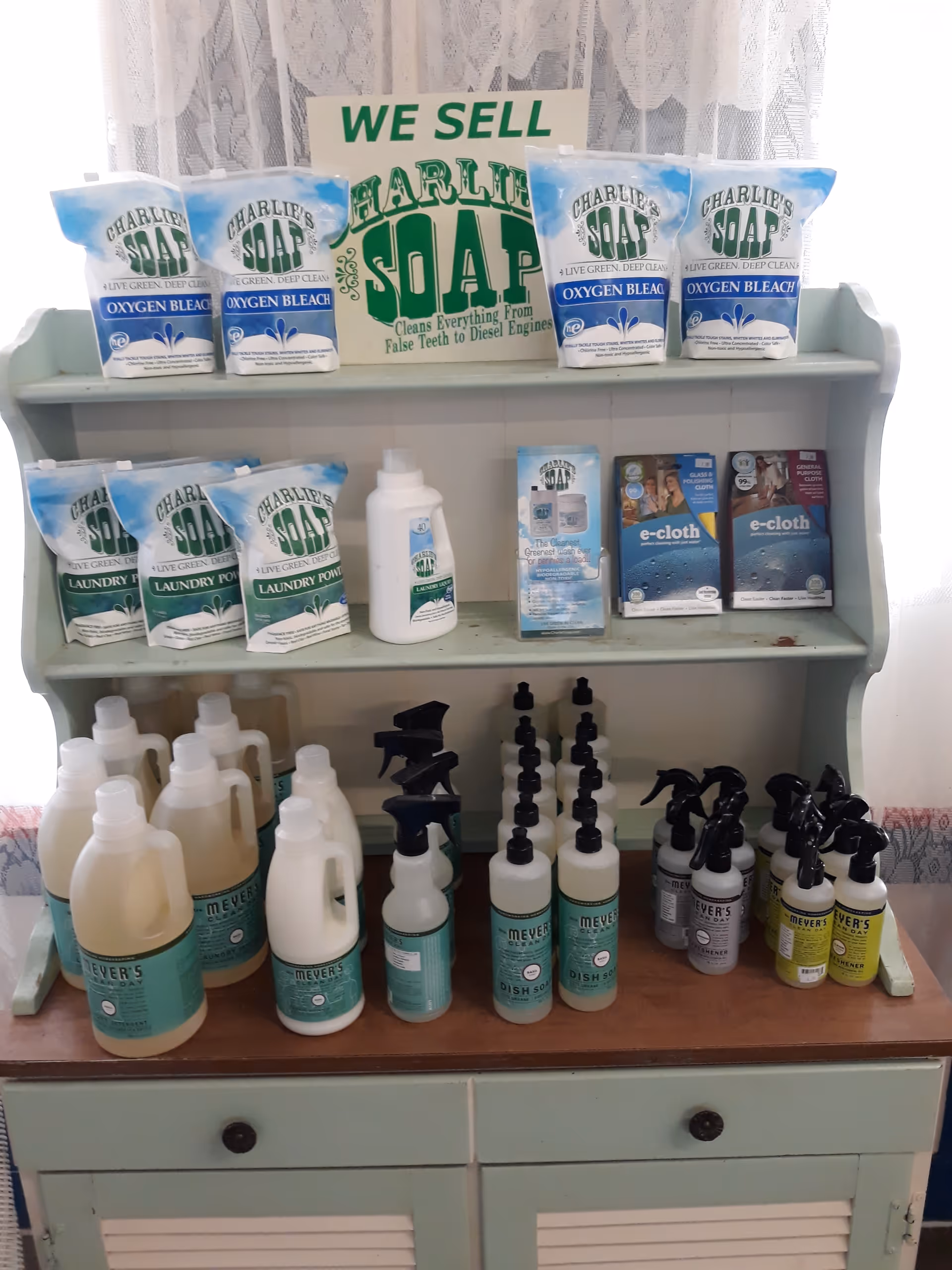 A mint-green shelving unit stocked with cleaning and laundry supplies.