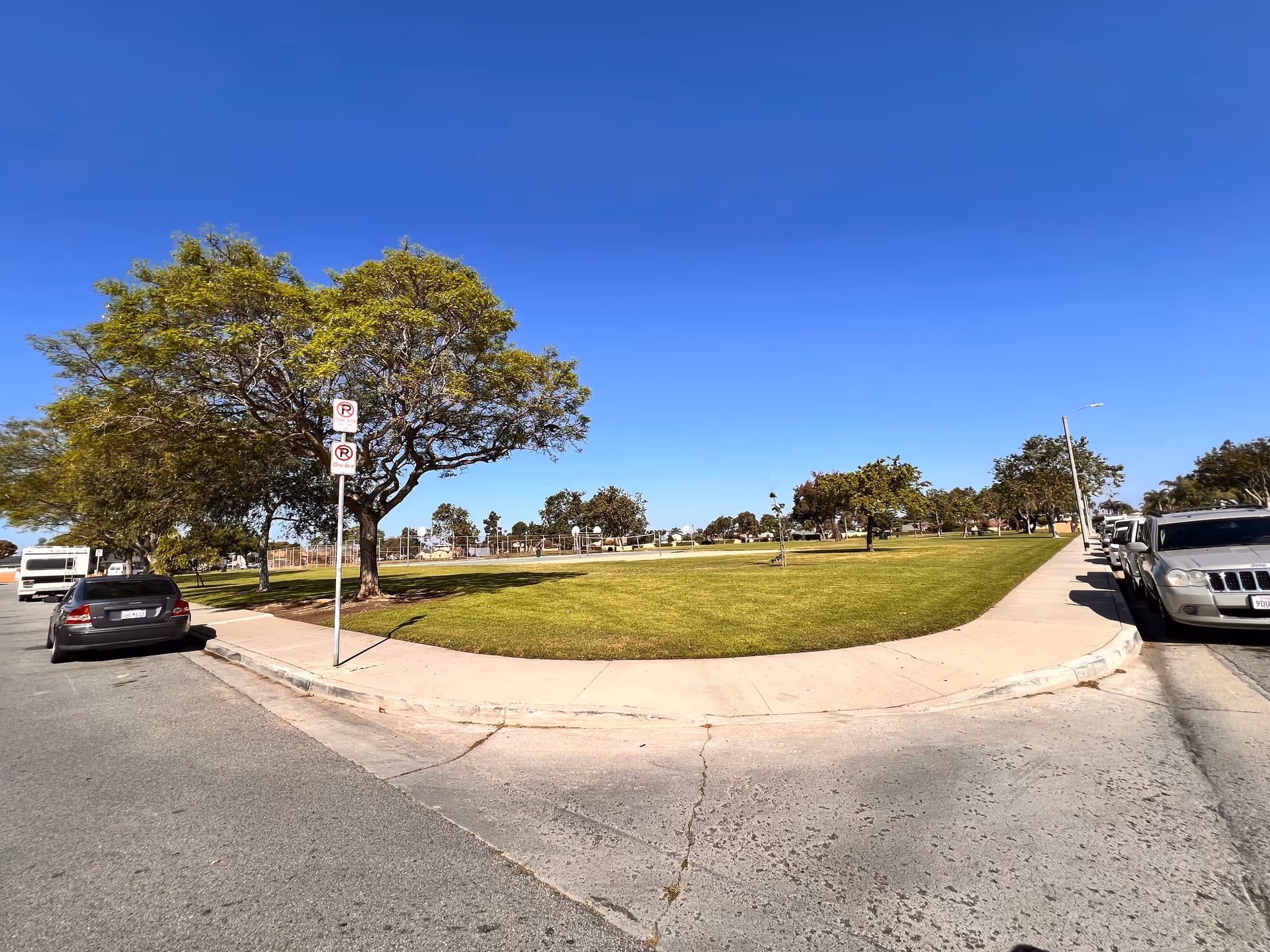 Sunny suburban park median with grass, trees, sidewalks, and parked cars along a curved road.