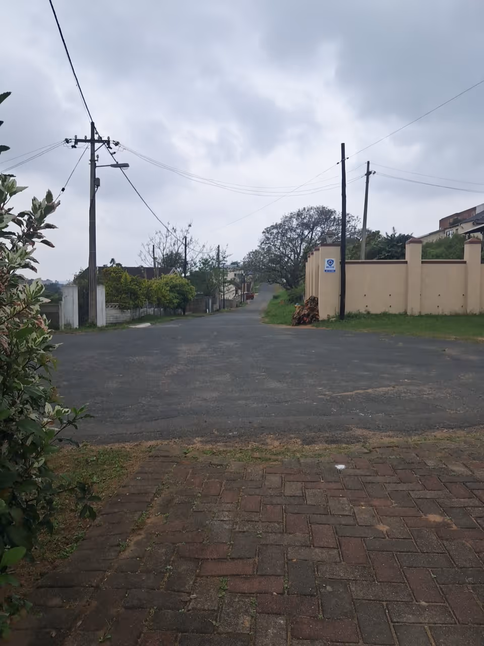 Quiet residential street with power lines, a beige wall, and an overcast sky.
