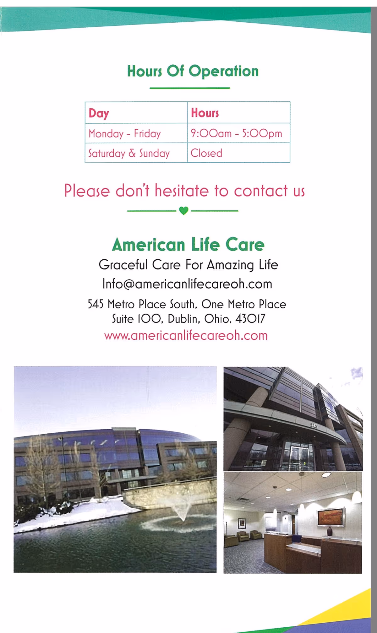 A brochure page for American Life Care showing hours, contact info, exterior building photo, and lobby.