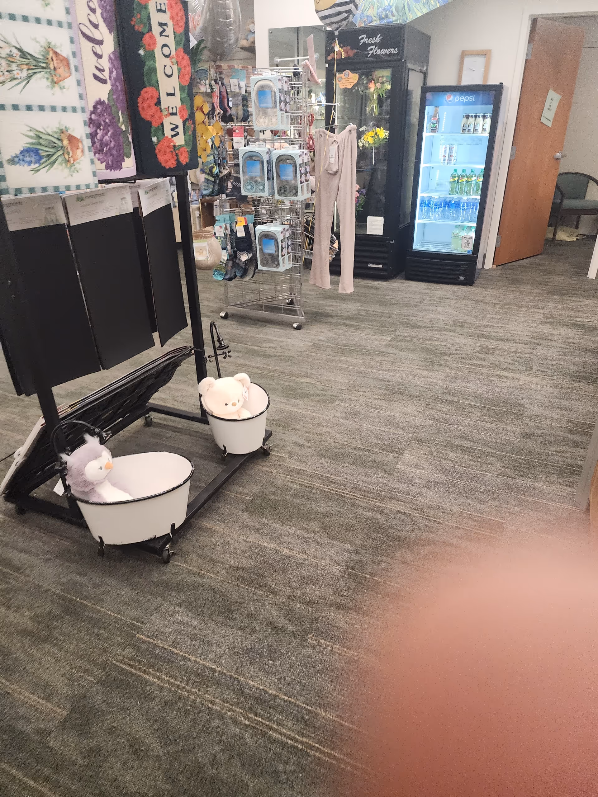 Indoor shop-like area with display racks, a Pepsi fridge, and plush toys in wheeled baskets.