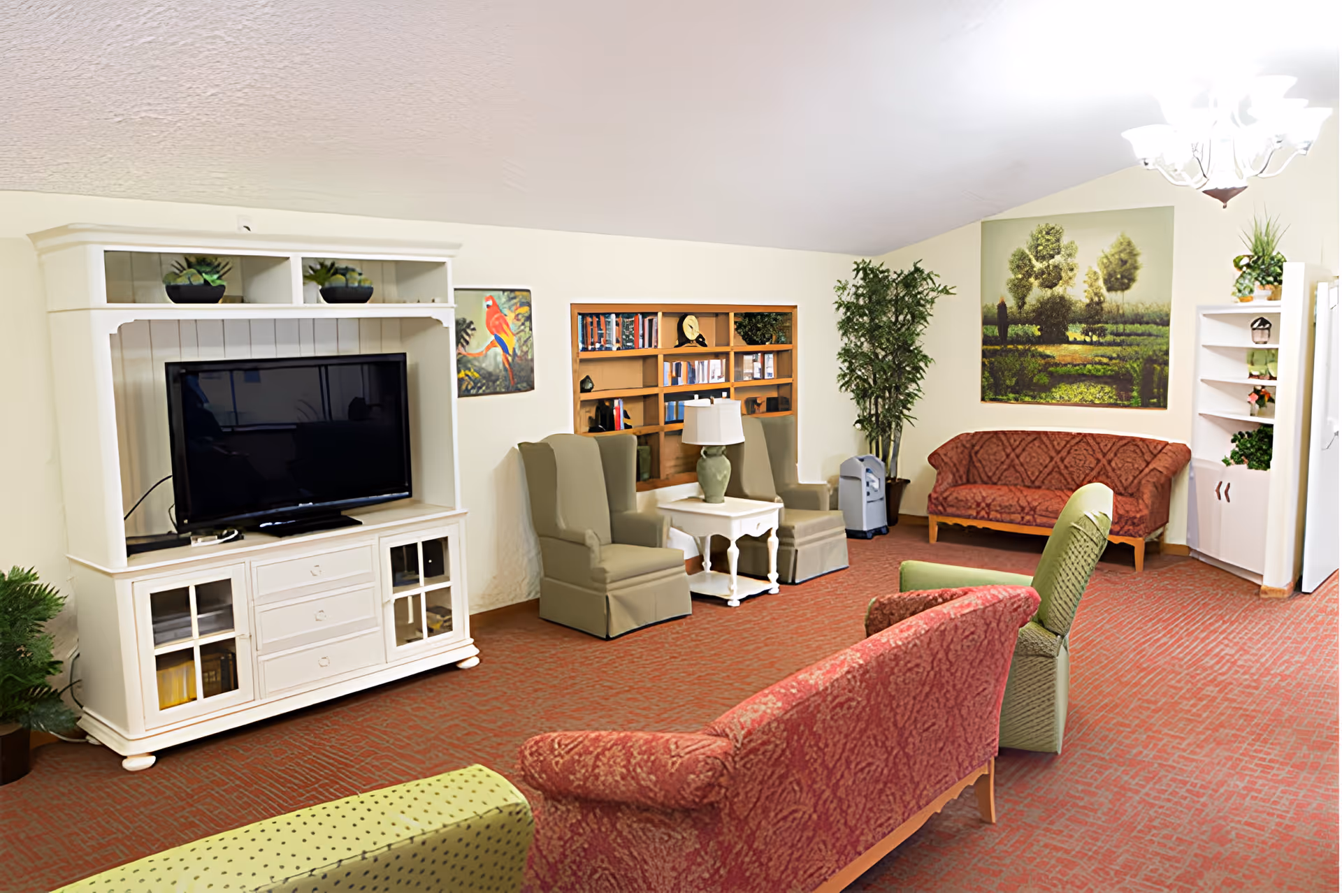 A bright communal living room with sofas, armchairs, a TV cabinet, bookshelves and plants.