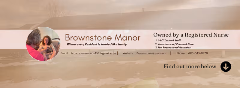 Exterior view of a senior living facility with a large Brownstone Manor sign and round image.