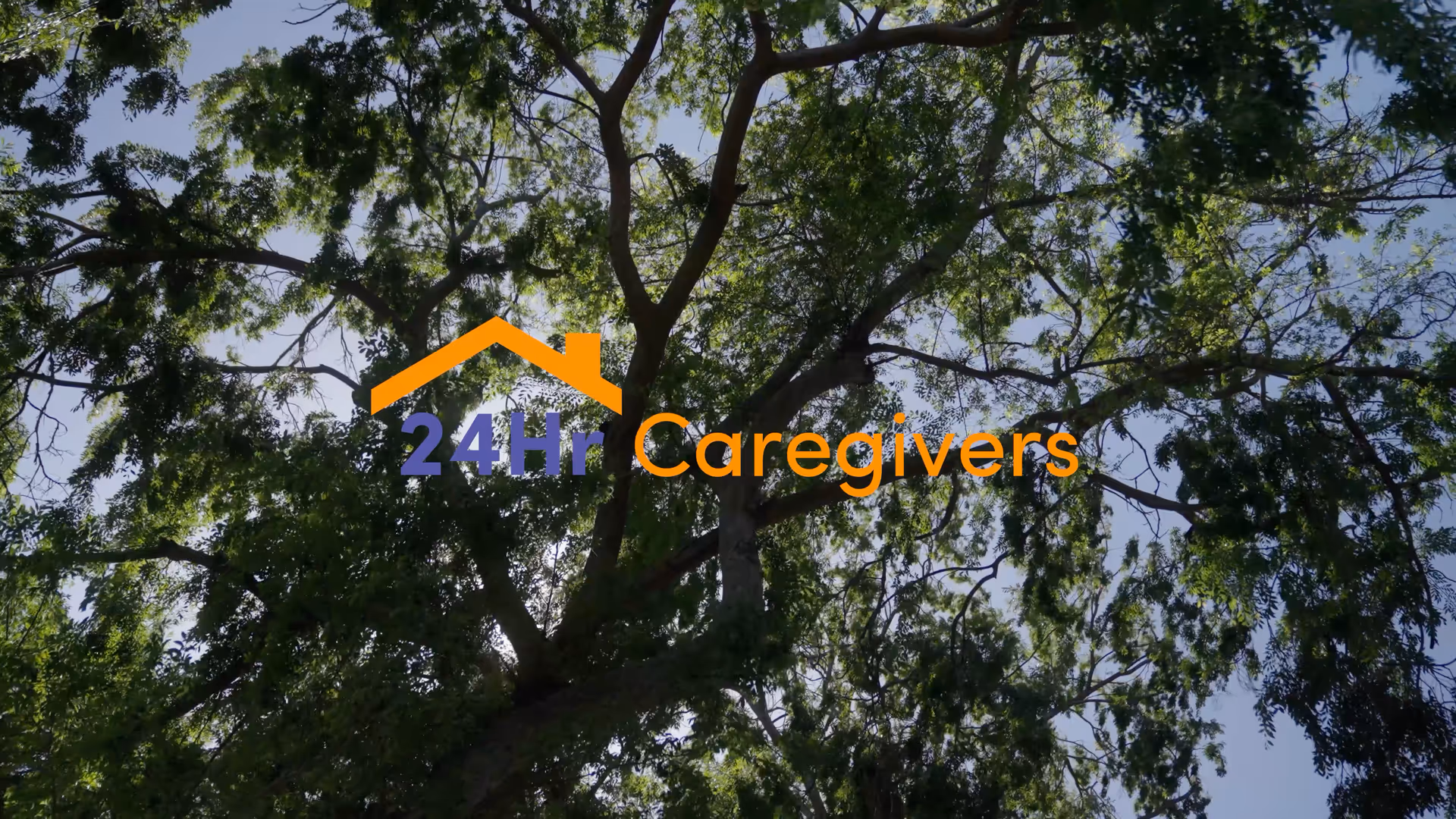 Tree canopy and blue sky with orange 24Hr Caregivers logo overlay.