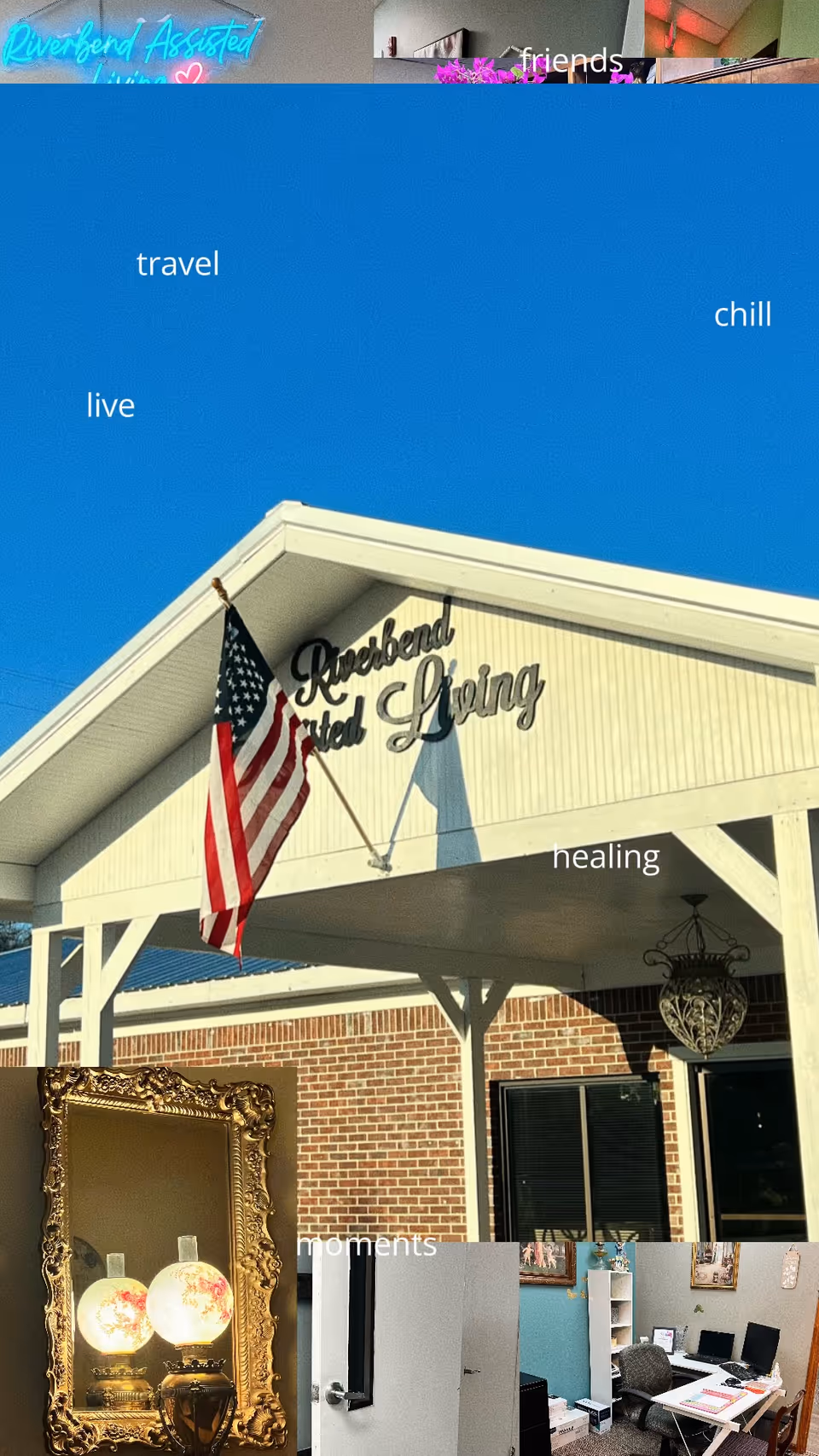 Exterior view of a senior living facility with a porch, flag, and blue sky.