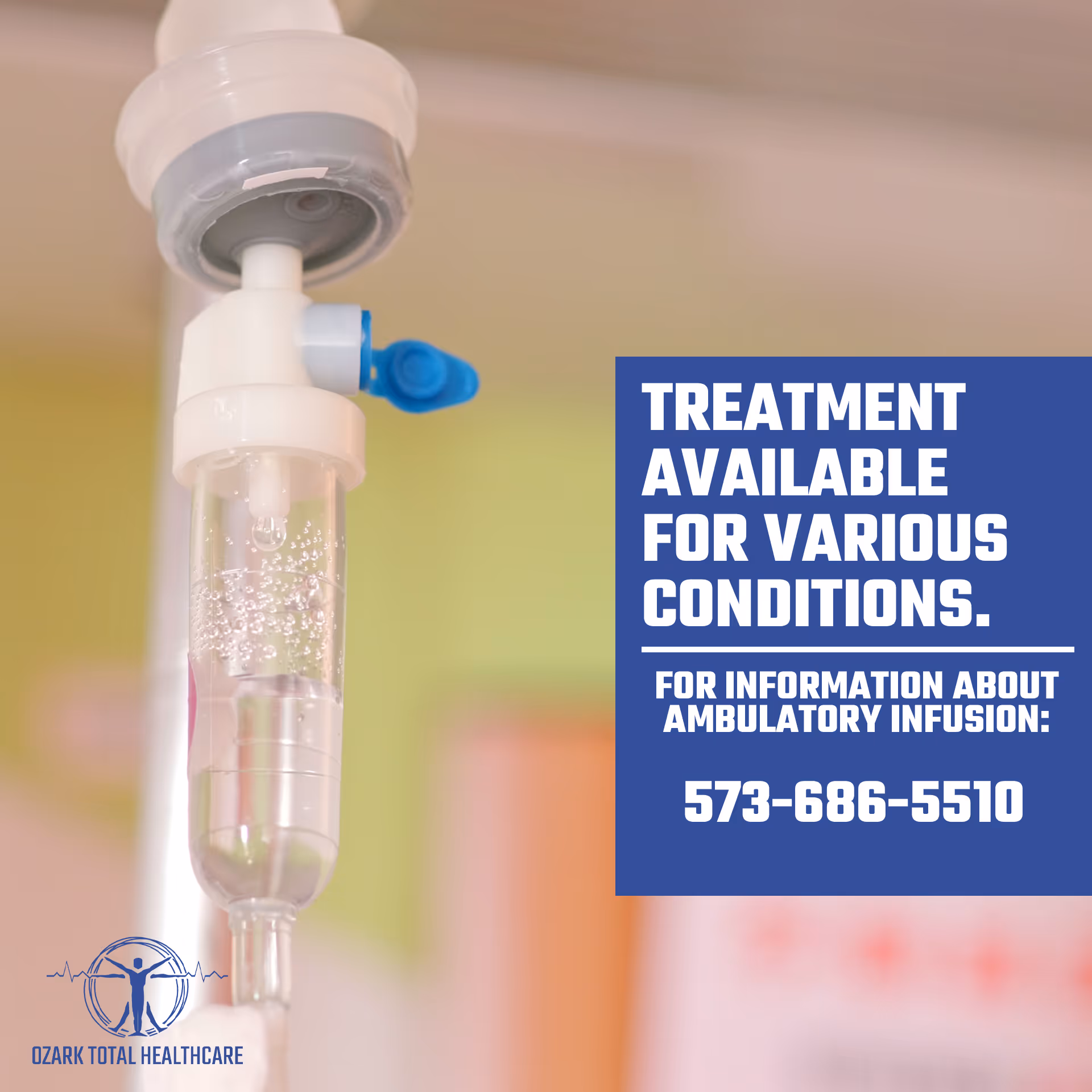 IV infusion drip beside a bold blue treatment sign in a medical facility.