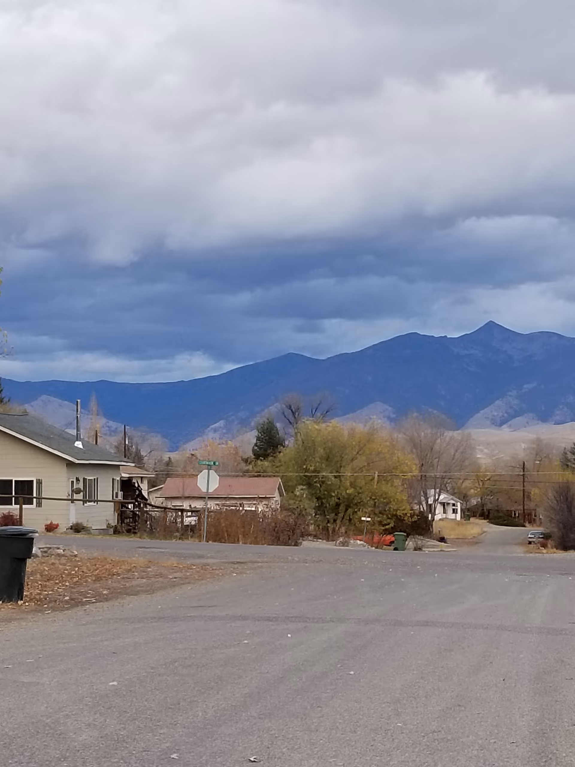 Rural street with houses, trees, and distant mountains under cloudy skies.