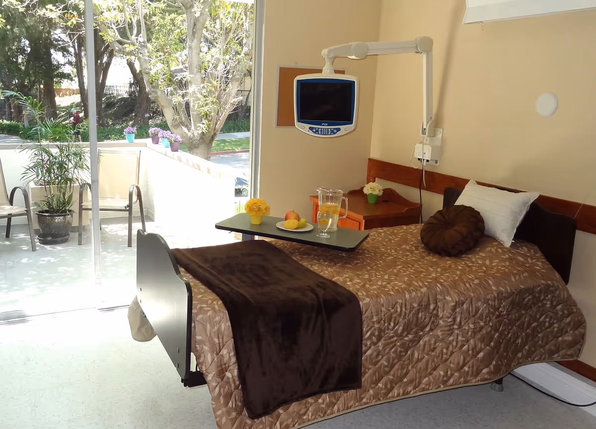 A healthcare facility room with a single bed covered in a brown patterned bedspread and a dark brown throw blanket. The bed has a white pillow and a round brown cushion. A small table attached to the bed holds a pitcher of water, a glass, and a plate with fruit. There is a mounted TV on the wall above a wooden nightstand with a small flower pot. A sliding glass door opens to an outdoor patio area with chairs and potted plants, and trees are visible outside.