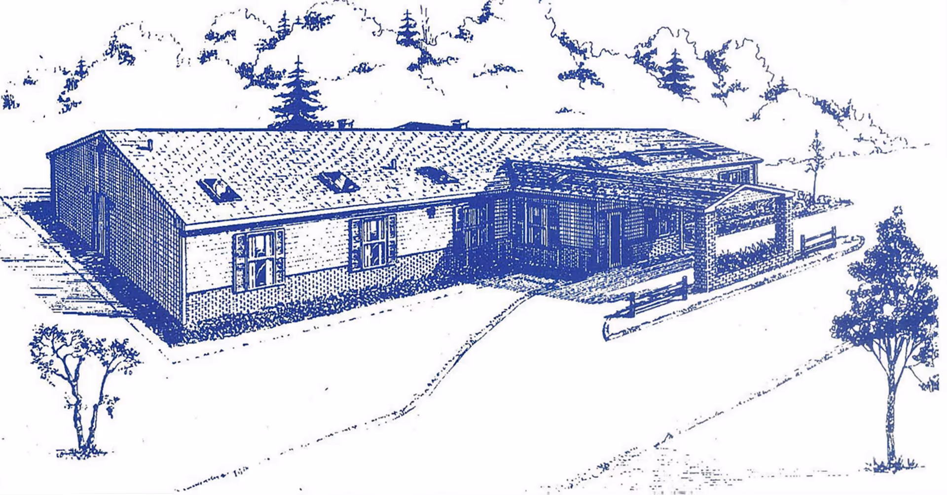 Blue ink sketch of Emilio Estates exterior building with entrance and surrounding yard.
