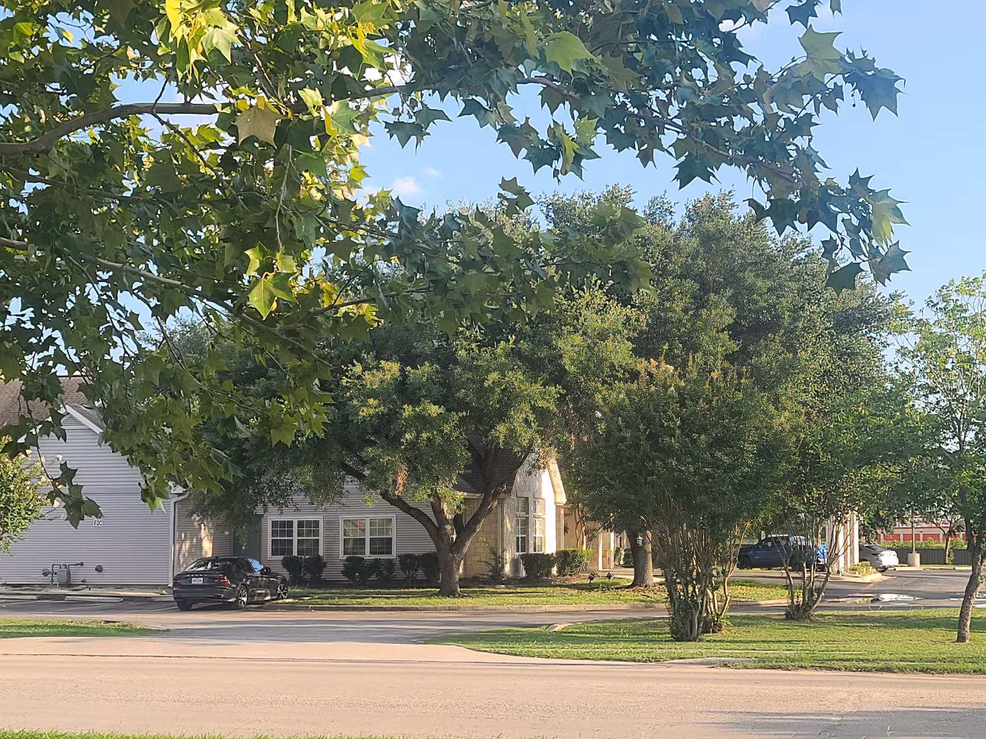 Exterior view of Argent Court Assisted Living building with trees and parked cars.