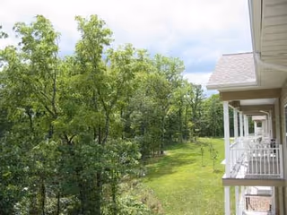 View of a green outdoor area with tall leafy trees and a grassy lawn next to a building with balconies on the right side under a partly cloudy sky.
