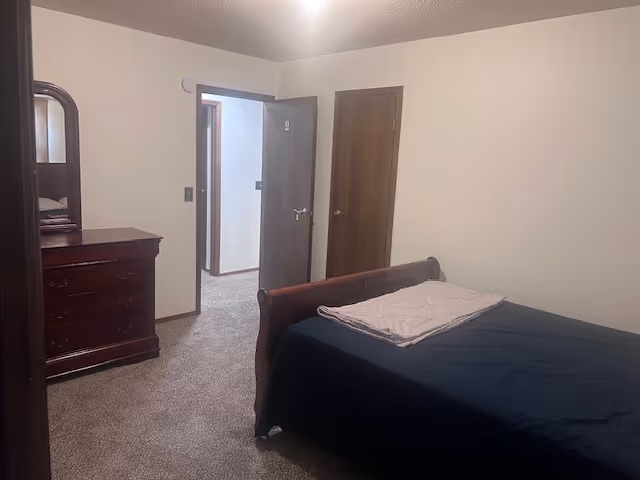 A furnished bedroom with a dark bed, dresser, mirror, and doorway to a hallway.