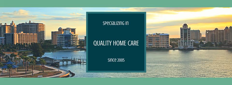 Waterfront cityscape with mid-rise buildings and a central teal sign promoting home care.