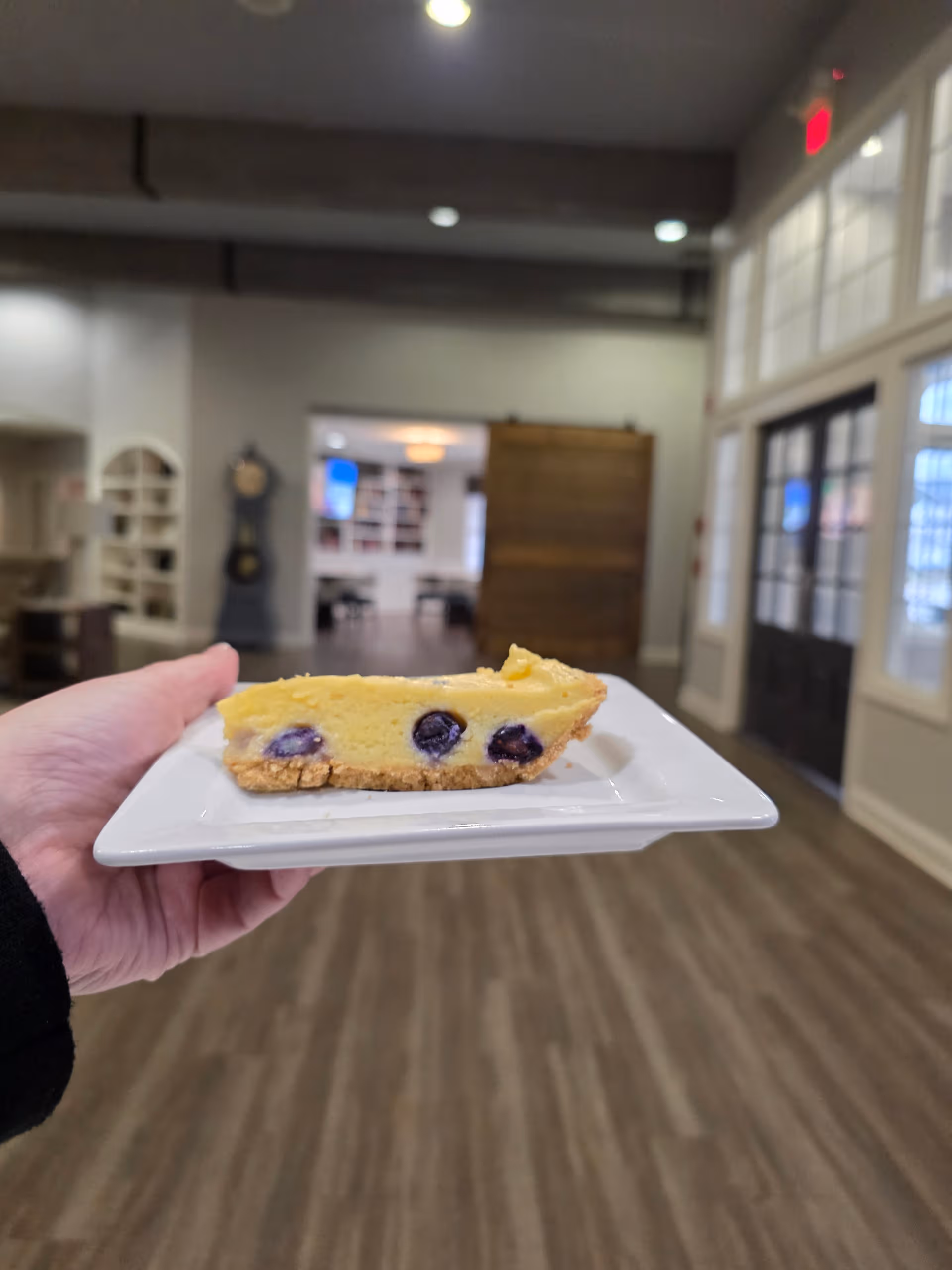 Hand holds blueberry cheesecake slice in a senior living facility hallway interior.