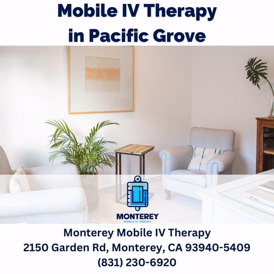 Bright living room with chairs, plants, and framed art in a Monterey IV Therapy promotional image.