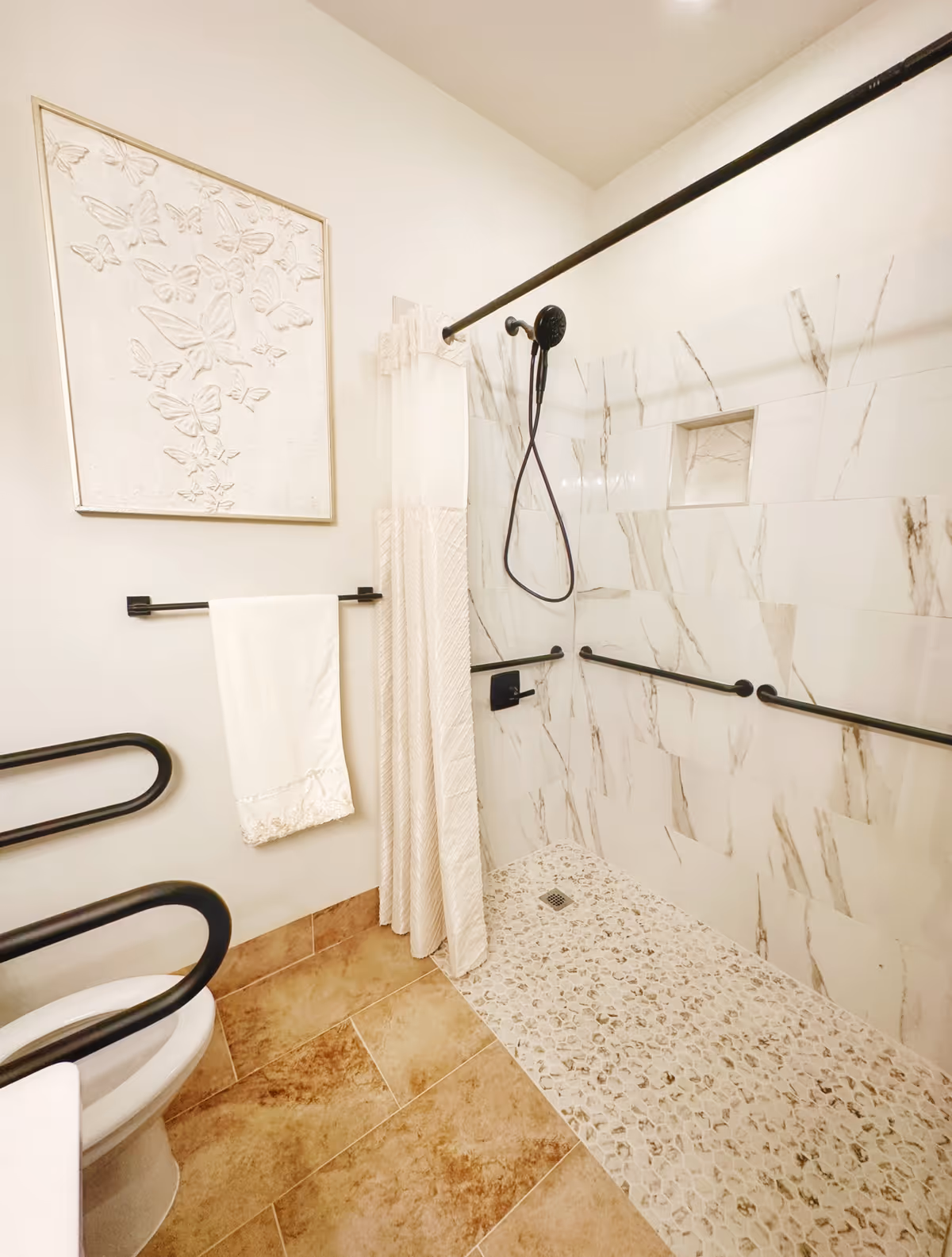 Accessible bathroom featuring a walk-in shower, wall grab bars, and a toilet.