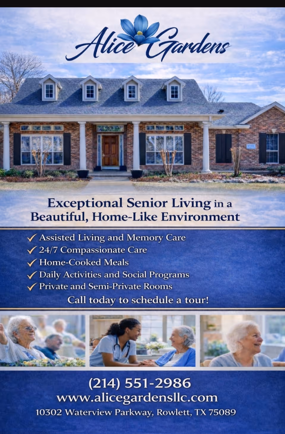 Front exterior of Alice Gardens senior living facility with blue promotional banner.