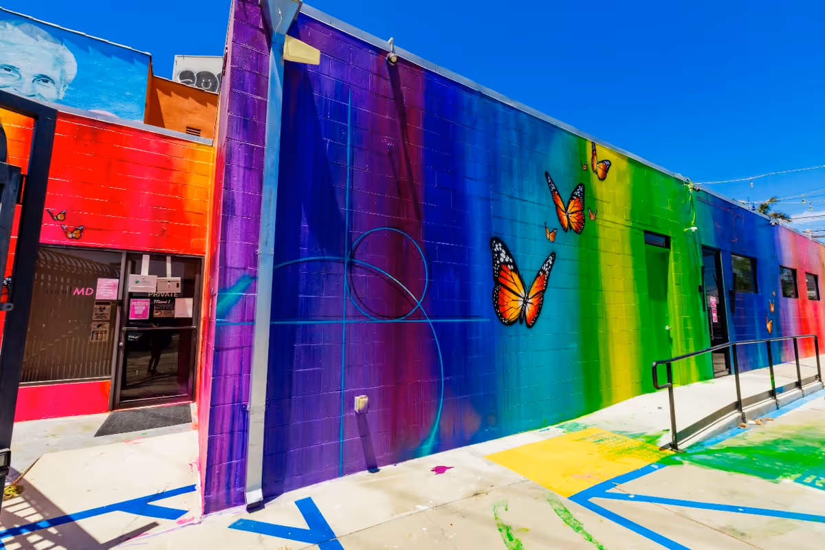 Colorful mural on building exterior featuring butterflies and a ramp to the entrance.