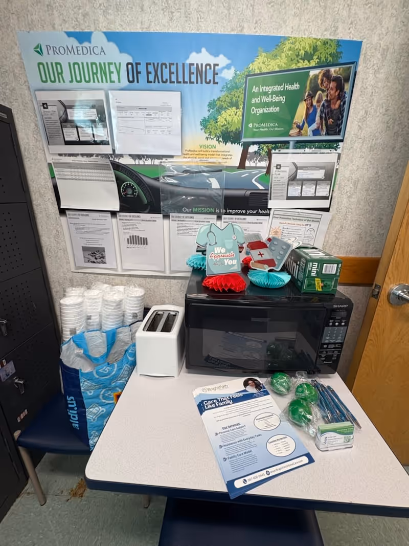 A small break room with a microwave, toaster, cups, and an informational poster.