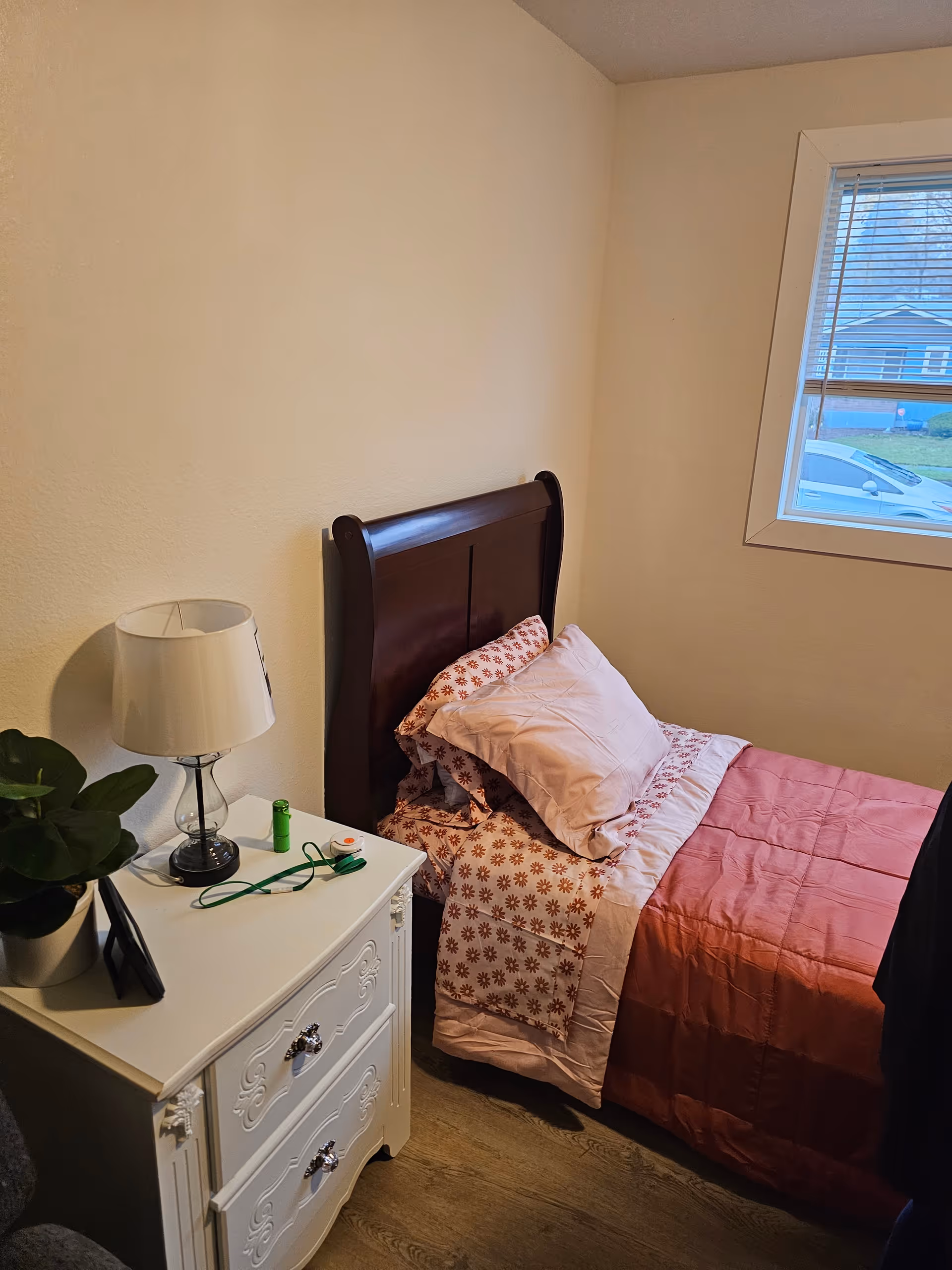 Small bedroom with a dark headboard bed, pink bedding, white nightstand, lamp, and window.