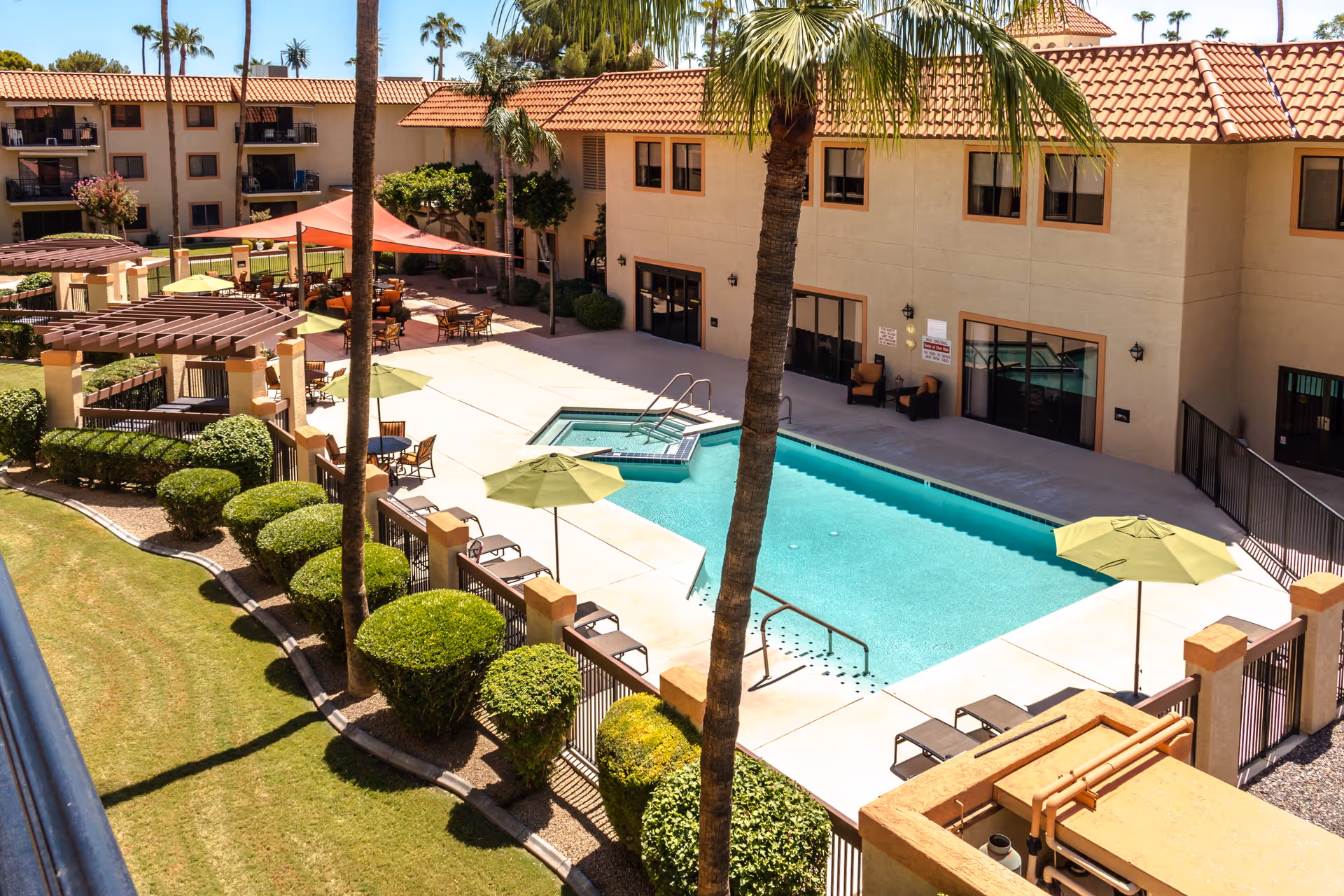 Outdoor pool area with lounge chairs, umbrellas, and palm trees.