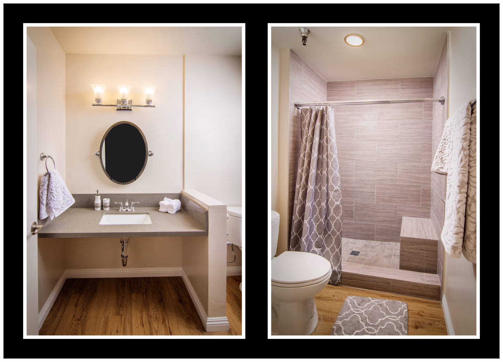 Two-panel bathroom scene: vanity with sink and mirror on the left, tiled shower on the right.