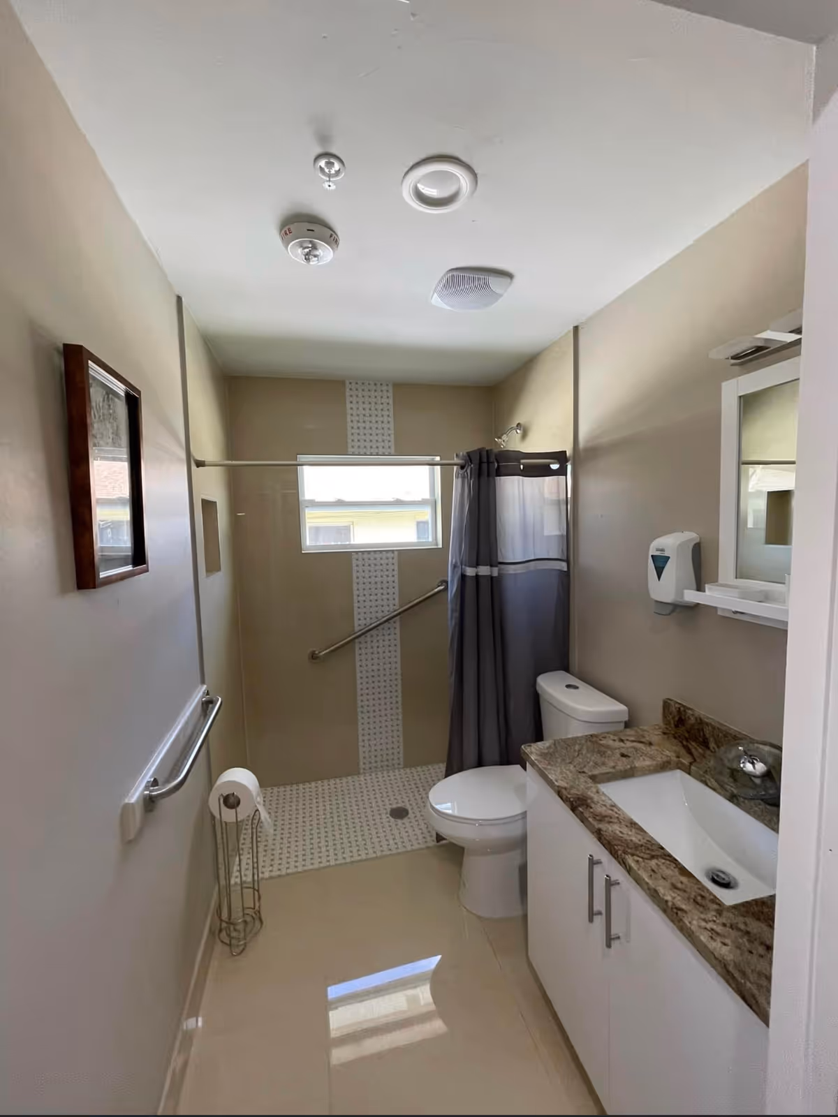 Accessible bathroom featuring a shower with curtain, grab bars, toilet, and granite countertop.
