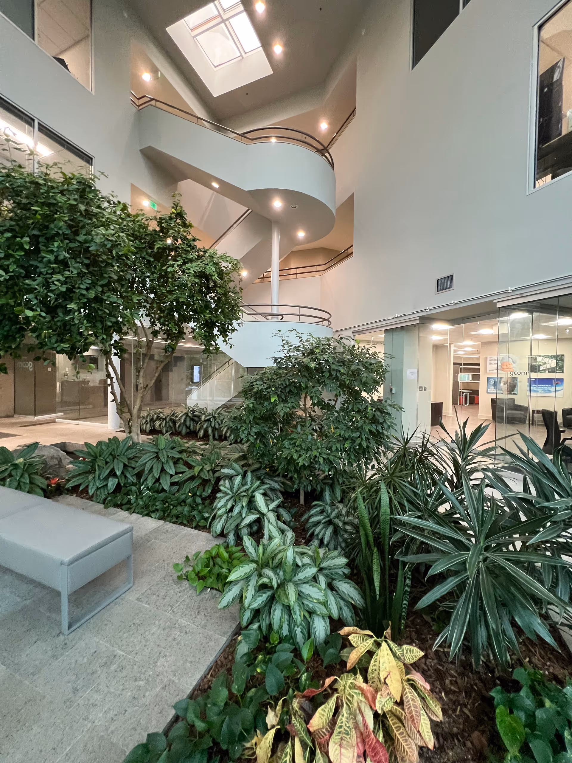 Indoor atrium with a curved staircase, skylight, glass walls, and lush indoor plants.