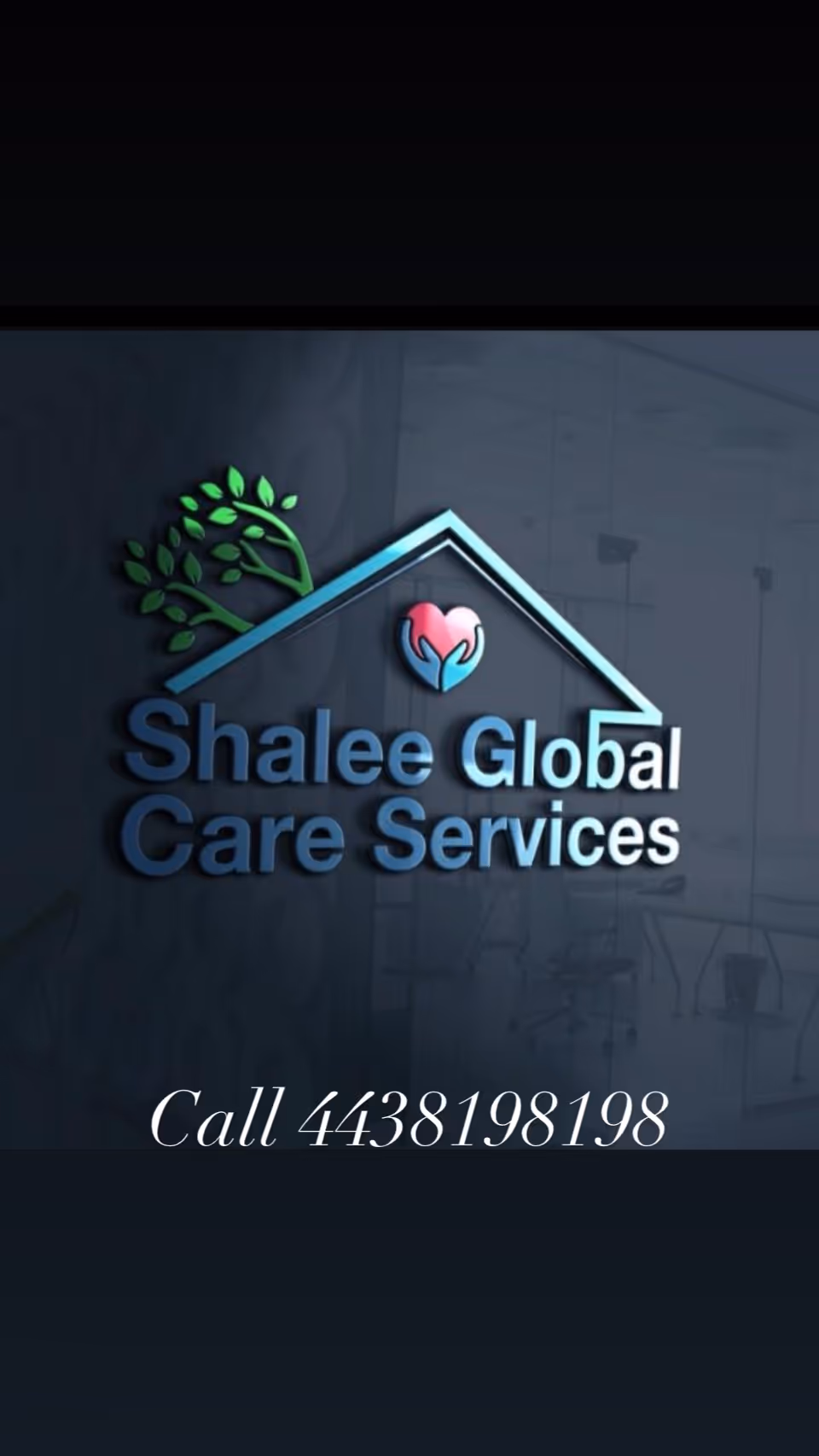 Shalee Global Care Services logo on glass wall with office furniture in background