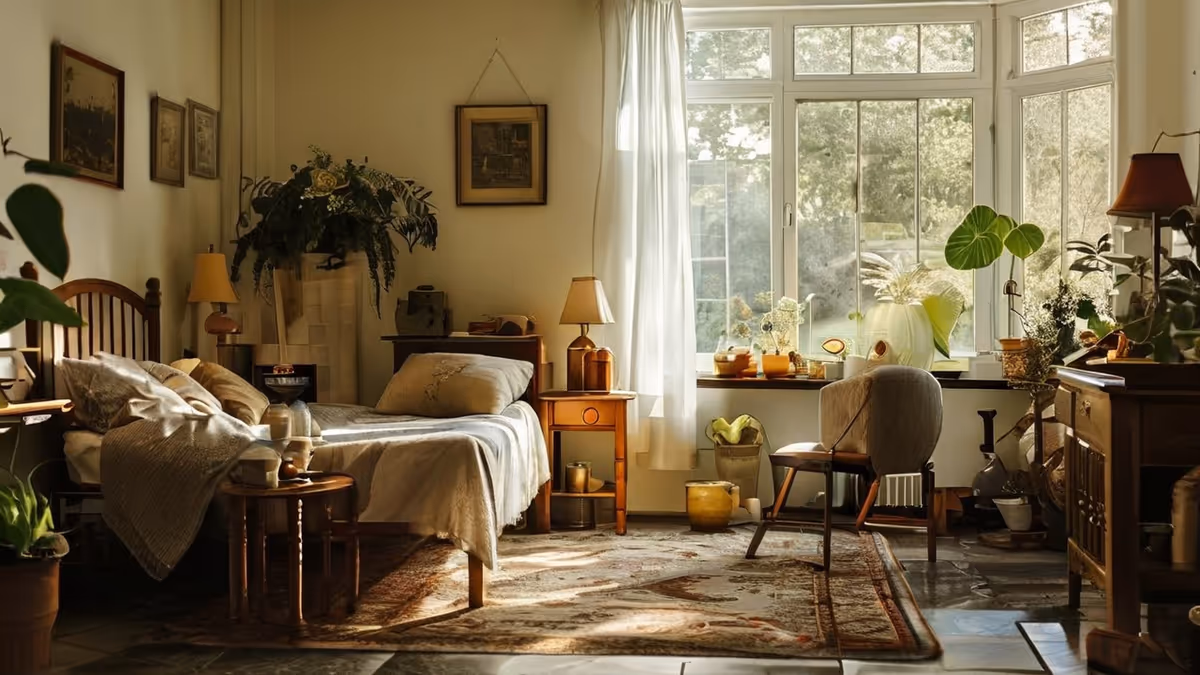 Sunlit bedroom with a bed, multiple plants, and a large bay window.