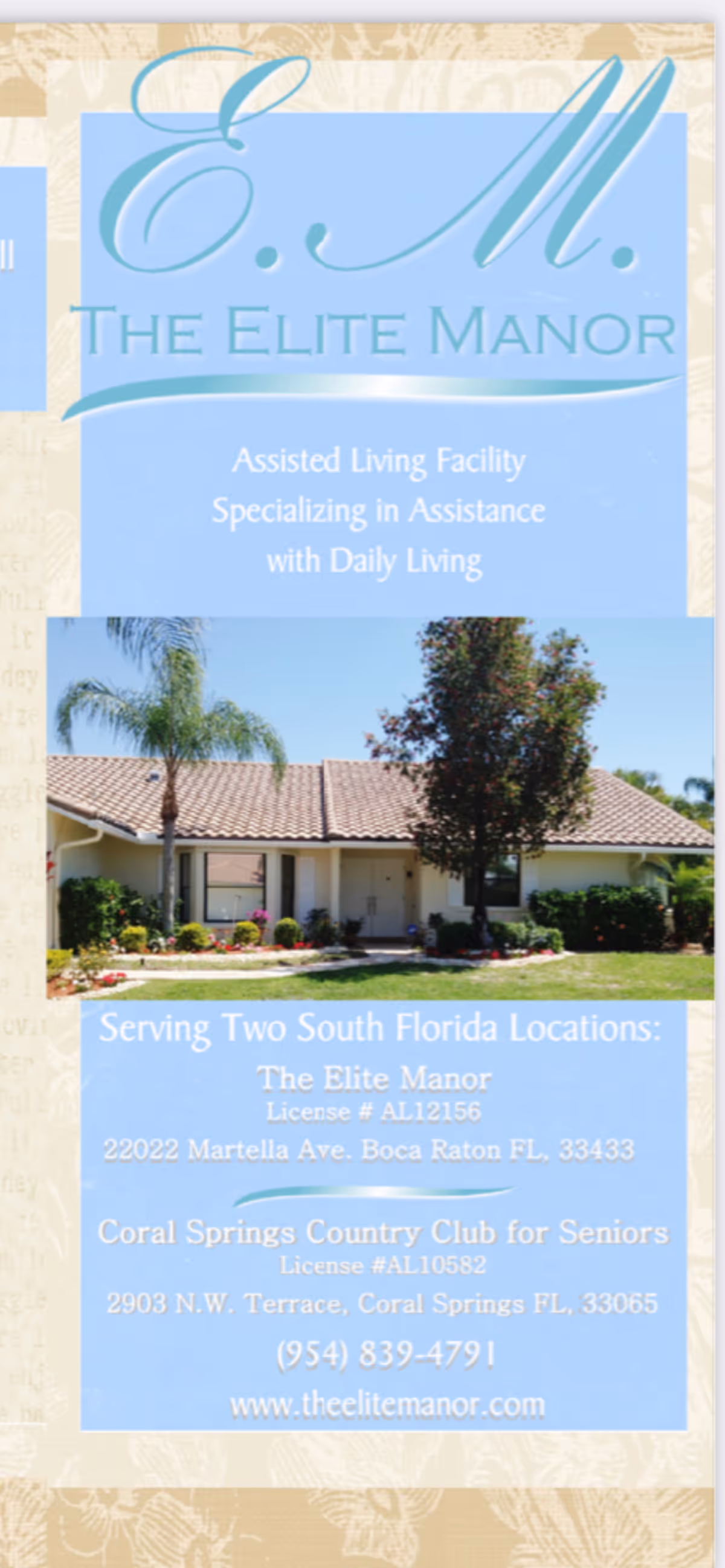 Front view of The Elite Manor facility sign and the front of a single-story building.