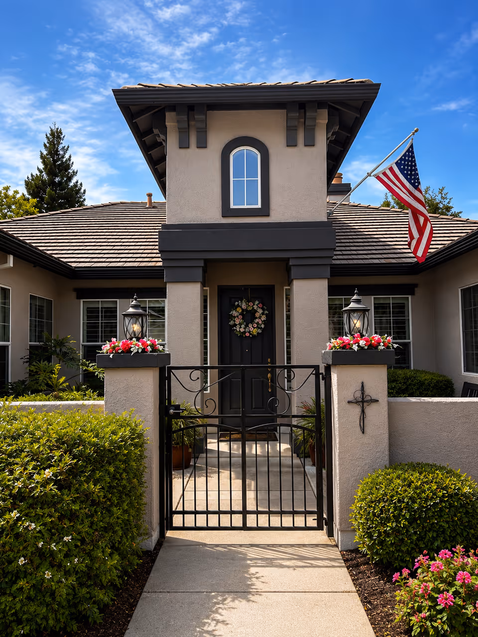 Front entrance of a senior living facility with a gated walkway and American flag.