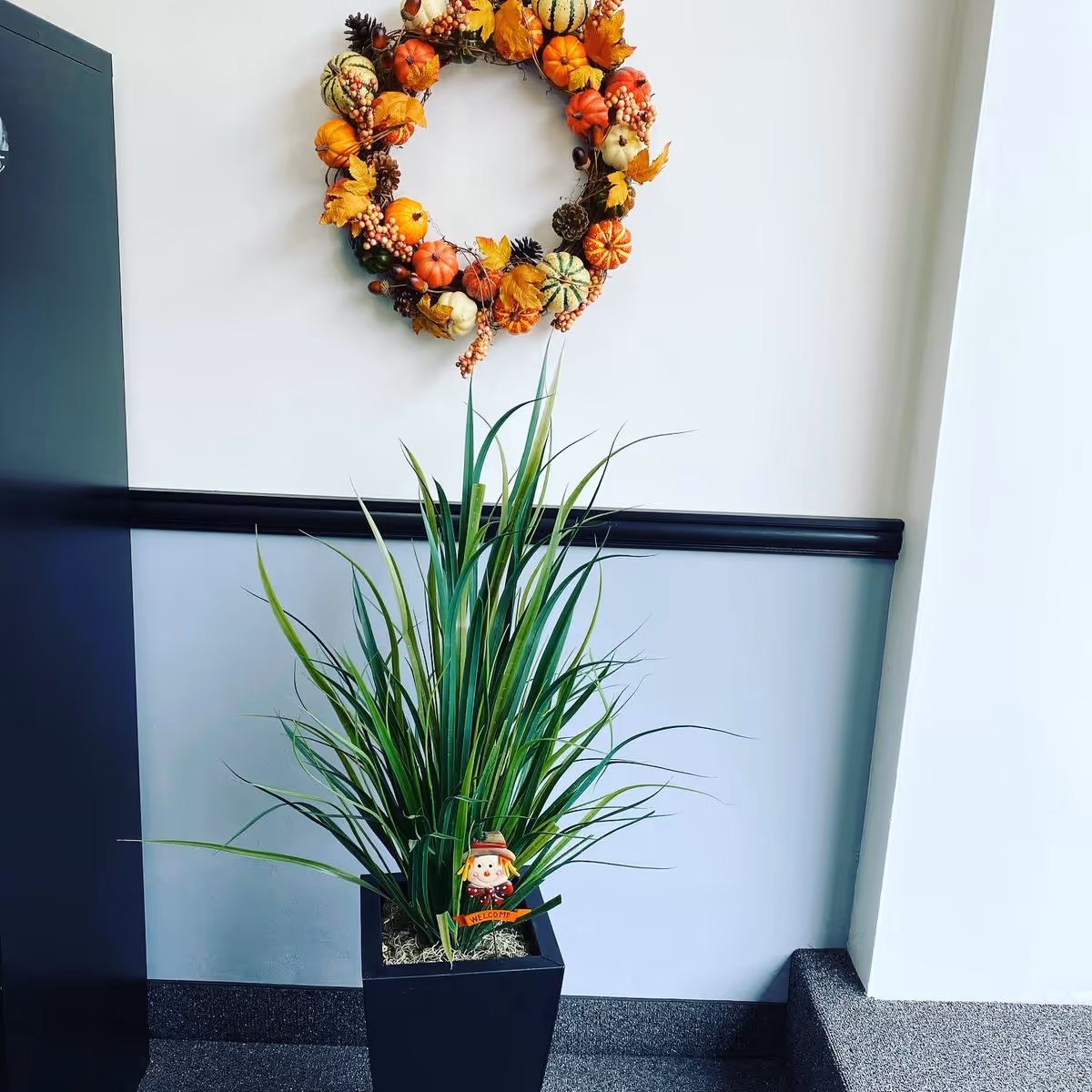 Indoor hallway with a tall potted plant and autumn wreath on pale wall