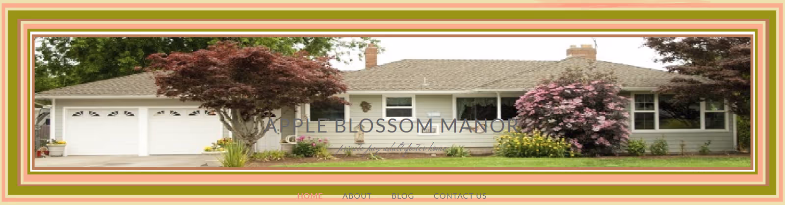 Front exterior of a single-story senior living home named Apple Blossom Manor with landscaped lawn.