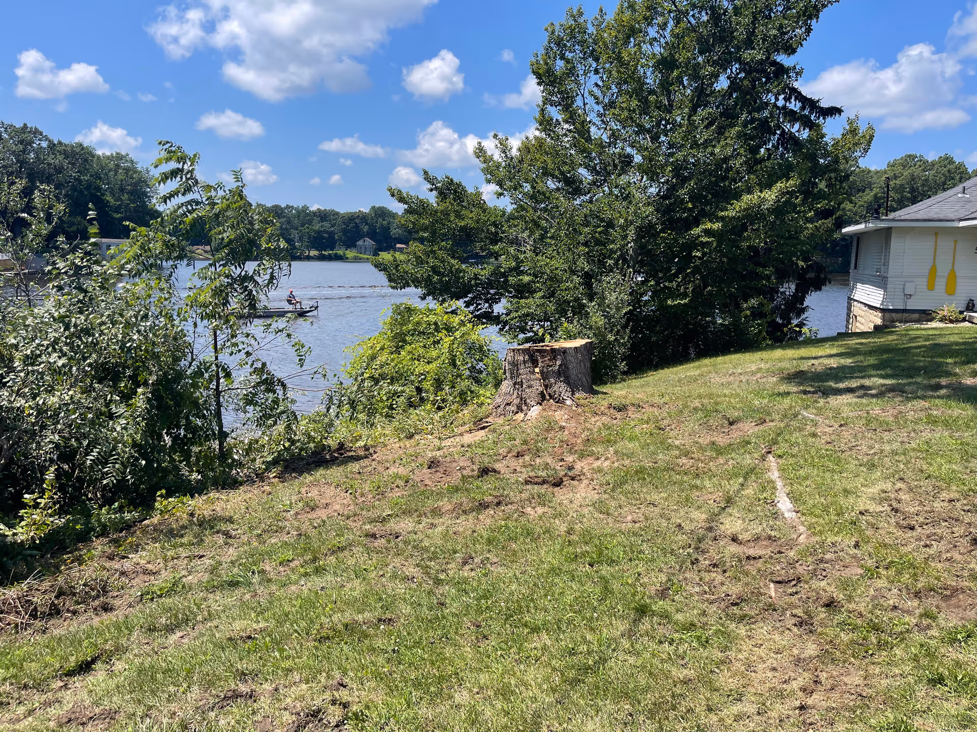 Lakeside lawn with trees, a stump, and a house by the water under blue skies.