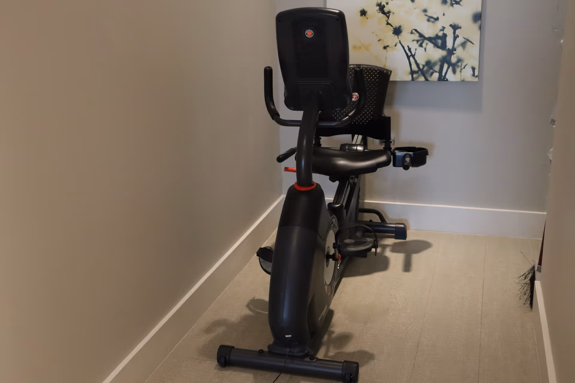 A stationary exercise bike installed in a narrow therapy room with wall art.